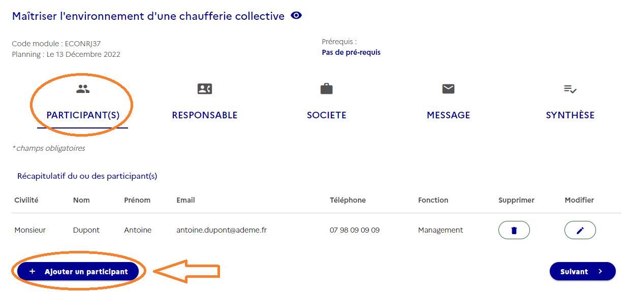 Saisir les informations demandées sur le ou les participants à inscrire