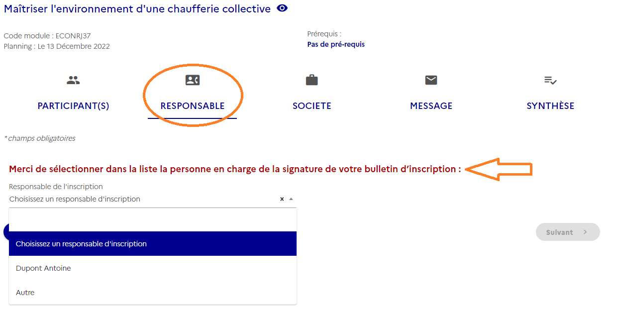 Renseigner les coordonnées du responsable de l'inscription